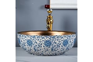 JDZJYBQX 1 ensemble complet vasque de luxe bleu blanc type céramique lavabo à poser avec robinet doré et bonde pop-up pour salle de bain et ferme, diamètre : 41 cm