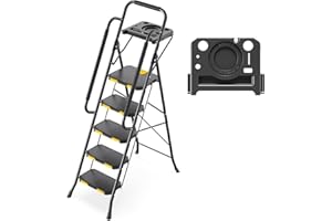 KINGRACK Escabeau 5 Marches avec Plateau à Outils et Large Pédale Antidérapante, Marche Pied Pliable avec Mains Courantes, Échelle Domestique pour Maison Cuisine Garde-Manger Placards et Bureau, Noir