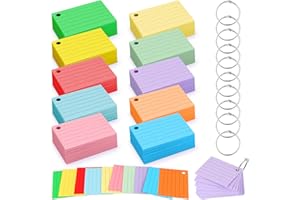 RISVOWO 1000 pcs Flashcards A8, Tarjetas Estudio Con Anillo De Carpeta, 10 Colores fichas de Cartulina con Rayas, Flash Cards Para Estudiar, Oficina Escolar,Hogar