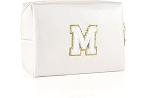 Hiyouer Personalized Initial Makeup Cosmetic Bag, Women Girls Gifts Preppy Stuff PU Leather Waterproof Makeup Pouch Make up Bags with Chenille Letter (Letter M)