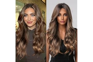 ALLBELL Braune Perücke für Frauen, langes lockiges Kunsthaar, gewellte Perücken mit dunklem Ansatz im Mittelteil