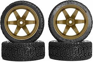 KINGCOO - Set di pneumatici e ruote per auto radiocomandate, 4 pezzi, 68 mm e 6 raggi, per 1/10 RC On-Road Racing Auto 1/16 RC Rally Auto per HSP HPI Kyosho Tamiya (oro)