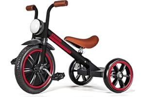 KRIDDO Kids Tricycles Age 2 Years to 5 Years, 12 Inch Puncture Free Rubber Wheel w Front Light, Adjustable Seat Height, Gift Toddler Tricycles for 2-5 Year Olds, Trikes for Toddlers, Black