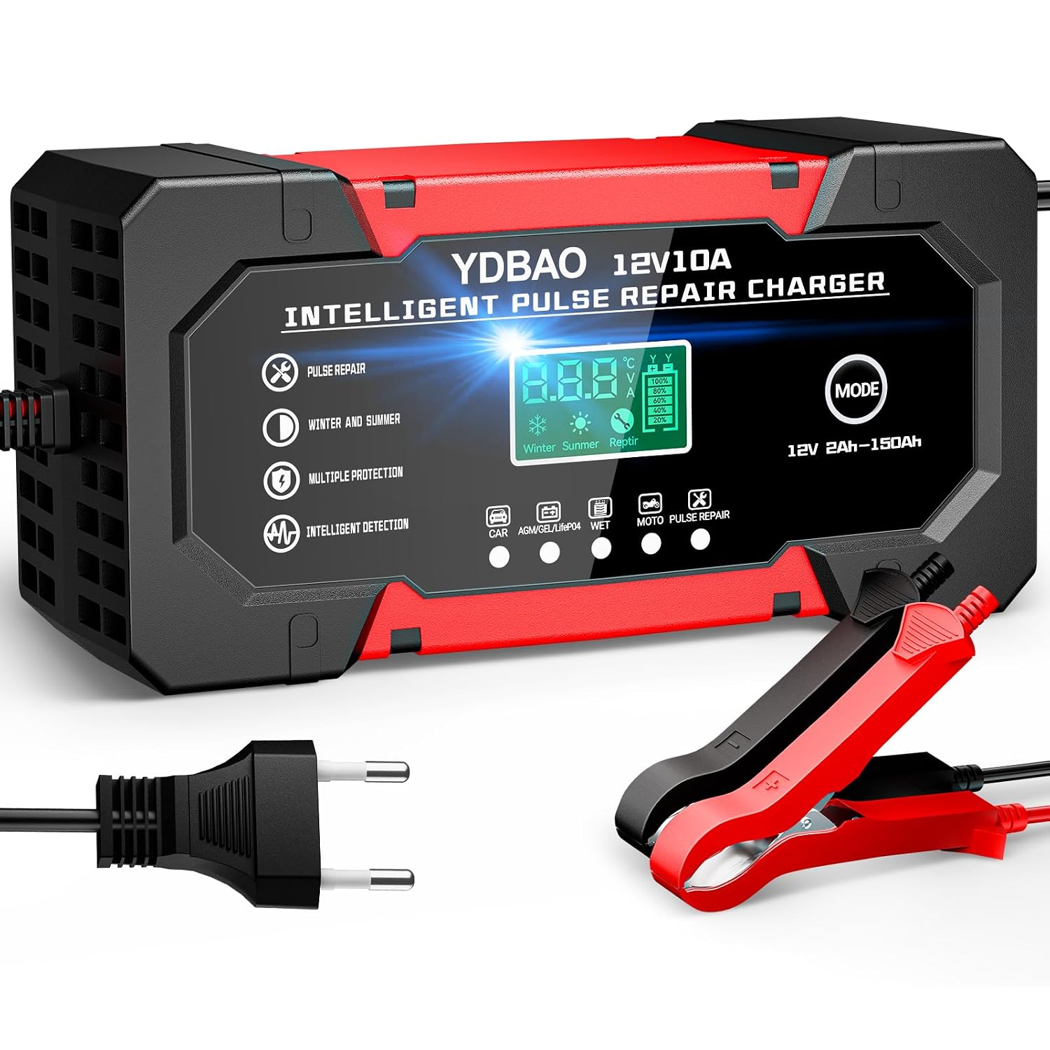 Caricabatterie Auto 10A 12V per Auto Moto AGM LiFePO4 | Carica Batteria per Auto Moto 5 Modalità Intelligente Multi Protezioni Riparazione di Moto Auto con Schermo LCD