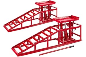 Arebos Lot de 2 Rampes d’Accès avec Cric Hydraulique 2T | Pont Élévateur Auto XXL | Largeur d’Accès 257 mm | Plateforme de Levage avec Soupape de Sécurité | Hauteur Réglable | Rouge