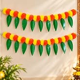 iHandikart Decorative Pack of 2 Marigold Bandanwar with Mango Leaves, 40 Inch Toran for Door Decoration, Artificial Flower Do