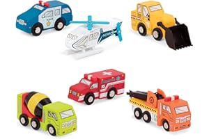 Battat – Miniature Toy Cars – 6 Wooden Minis – Classic Wooden Toys – Mini Ambulance, Cement Truck – 3 Years + – Wooden Vehicles - Set 1"