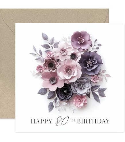 thumbnail interactive-video image 1 of Floral Birthday Card For 80th Birthday - Special Eightieth Birthday Greeting Card - Paper Cut Flower Wreath Artwork - Purple And White Non 3D Artwork Female Birthday Card 1 of 10