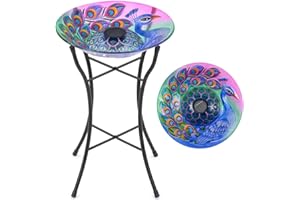 Christow Glass Bird Bath Solar Light Metal Stand Painted Peacock Garden Decoration