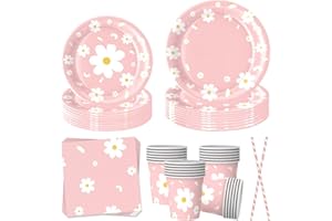 EVYIENEN 50 Stück Gänseblümchen Partygeschirr,Weiße Gänseblümchen Partyteller Servietten Papierstrohhalme Geburtstagsparty Zubehör für 10 Gäste (Gänseblümchen)