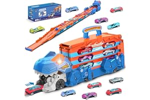 TERRAMUS Dinosaur Transport Truck Toys Car for Boys Aged 3 4 5 6, 3-In-1 Portable Truck Toy with 8 Race Cars, Ejection Folding Dinosaur Track Toy with Sound, Best Gift Carrier Vehicles Set for Kids