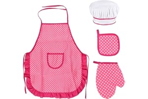 FANGEHONG Juego Delantal y Gorro Chef para Niños, Delantal de Cocina con Gorro Cocinero Blanco, Guantes de Horno, Almohadilla Resistente al Calor para 3 a 12 Años (Rosa Roja)