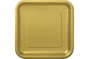 UNIQUE PARTY Solid Gold Square Paper Dinner Plates (22cm) Pack of 14 - Elegant Design, Perfect for Parties and Events