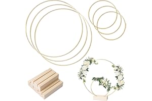 Jinsion Cercle Métal avec Socle, 3 Pièces 10cm + 3 Pièces 20cm Metal Anneaux Décoratifs avec Support en Bois, Cercle en Métal Doré, Anneau Métal pour Décoration Table Mariage, Décoration Noël
