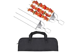 ESIE HOUZIE Stainless Steel Barbecue Skewers, 3-in-1 Kebab Skewer Flat Metal Skewers for Kebabs with Slider for BBQ Party Grilling Meat & Vegetable, with Storage Bag