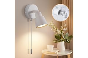 TaFiCo White Wall Lights with Pull Cord Switch GU10 - Modern Pull Cord Light Switch 350° Rotatable - 50W Indoor Wall Sconce Lights for Bedroom Bedside Living Room Kitchen Desk - Bulb Not Included