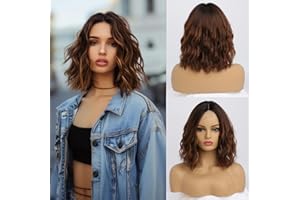 ‎SIMKAYLEE Simkaylee perücke damen hellbraun kurz gewellt braune perücke mit blonden highlights strähnen gelockt halblang perücke ombre braun bob für frauen Mittelscheitel Perücke täglichen gebrauch (36cm)