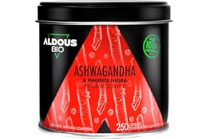‎ALDOUS BIO Bio Ashwagandha Kapseln 2160mg | 250 Kapseln | Ashwagandha Wurzel mit Schwarzem Pfeffer | Ohne Zusatzstoffe | Withania Somnifera Höchste Absorption | Zertifizierte Bio Qualität