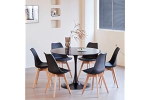 Uderkiny Juego de Mesa de Comedor y Silla, Mesa de Comedor Redonda de MDF de 110 cm con 6 sillas de Comedor Modernas de PU, adecuados para Cocina, Comedor, cafetería, balcón (Negro, 6 Negro)