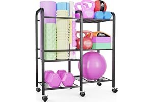 Emfogoo Hantelständer mit Rollen, 3 Stufig Fitnessregal aus Metall für Kurzhanteln, Kettlebells & Yogamatten, Hantelhalter für Fitnessgeräte Home Gym Aufbewahrung (Schwarz)