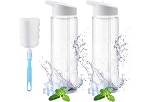 DAWRIS 2 PCS Leak-Proof Sports Water Bottles,BPA Free 700 ml Sports Water Bottle with Straw & Brush,Gym Water Bottle,Leak Proof Re-Usable Flip Top Drinks Bottles,Sports Flask for School Outdoor Sports