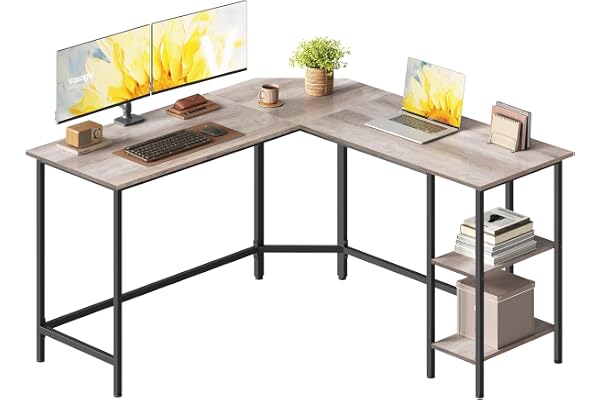 VASAGLE Bureau d'Ordinateur en Forme de L, 140 x 140 x 76 cm, Bureau d'Angle avec 2 Étagères, Gain de Place, pour Jeu, Grège Chiné et Noir d'Encre LWD72MBV2