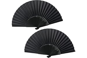 Besmrpg Folding Hand Fan 2 PCS Black Silk Fabric Bamboo Ribs Folding Fans Handheld Chinese Hand Fan Folding for Men and Women Performance, Dance, Decorations, Festival, Wedding, Party Favor, Gifts