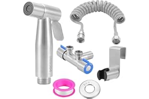 Mogokoyo Bidet Hand Shower Set Silver Bathroom Bidet Attachment with Washing Shower Head Spring Hose Hook Toilet Three-Way Angle Valve for Toilet, Bathroom Hygiene and Nappy Cleaning (Silver)