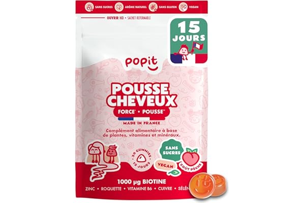 POP IT Gummies Pousse Cheveux et Ongles - Accélère la Croissance & Réduit la Chute - Complément Alimentaire Cheveux avec Biotine, Zinc & Sélénium - Vegan, Sans Sucres, Goût Pêche, Made in France - 30u