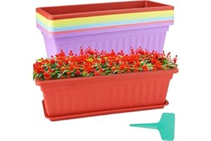 ZOENHOU Lot de 6 jardinières rectangulaires en plastique de 43 cm avec plateaux et 30 étiquettes vertes pour rebord de fenêtre, terrasse, jardin, décoration d'intérieur, porche