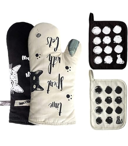 Lot Gant + Manique Dubout Chat Balade Winkler – 100% Coton – Humour Français – Protection Cuisine, BBQ, Four – OEKO-TEX