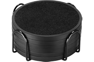 NEXVORO Absorbent Coasters for Drinks with Holder - 6packs, Silicone Coasters with Soft Felt Insert, Black