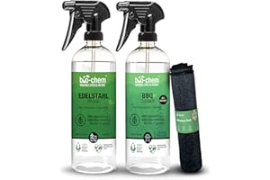 ‎BIO-CHEM CLEANTEC Bio-Chem BBQ Cleaner Set 3-teilig: BBQ-Cleaner 750 ml + Edelstahlpflege 750 ml + Mikrofasertuch I Schonende Reiniger für Edelstahl & Aluminium an Grill & Küche mit langanhaltender Pflege I Made IN DE