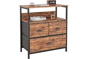 CAIYUN Bedside Table Cabinet with 3 Drawers for Bedroom, End Table Sofa Sid with Storage for Living Room, Nightstand with Metal Frame and Open Shelf, Wooden Nightstand, Brown