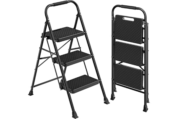SONGMICS Trappstege med 3 Steg, Hopfällbar Stege i Stål, Halkskydd | Bärkapacitet 150 kg, 114 x 45,5 x 7,5 cm, för Hem och Kontor, Svart, BRODY Kollektion GSL203BZ01