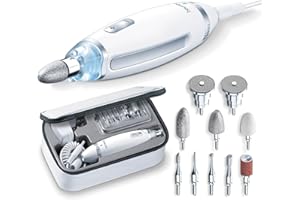 ‎BEURER Beurer MP 62 Maniküre-/ Pediküre-Set, elektrische Nagelfeile mit 10 hochwertigen Nagelpflege-Aufsätzen, LED Licht, Nagelfräser mit stufenloser Geschwindigkeitsregelung, mit Aufbewahrungstasche, Weiß