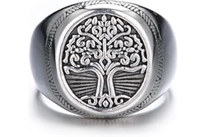 GTHIC Stainless Steel Tree of Life Viking Signet Ring for Men and Women Silver Gold Tone Vintage World Tree Yggdrasil Amulet Ring Round Unisex Viking Jewelry US Size 6-14