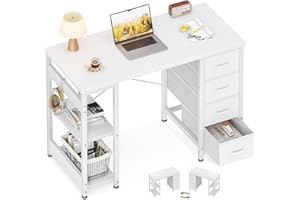 Coleshome Escritorio Pequeño con 4 Cajones de Tela, 100x40cm Escritorio con con Estantes Reversible, Mesa Ordenador con Soporte para Auriculares Mesa de Estudio para Oficina, Dormitorio, Blanco
