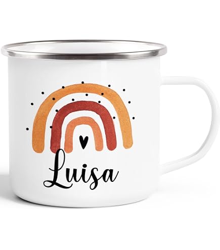 Personalisiert Emaille Tasse - Boho Regenbogen Design Mit Namen, 300 Ml, Weiß/schwarz
