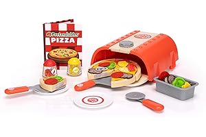 Fat Brain Toys Pretendables Zestaw pieca do pizzy – kuchnia do zabawy udawanej z piekarnikiem, skórką, plasterkami pizzy, polewkami i innymi akcesoriami kuchennymi dla dzieci, zabawkami do nauki