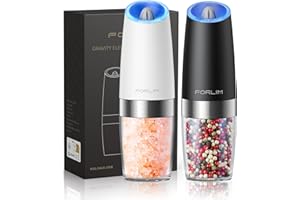 FORLIM 6 oz Capacity Electric Salt and Pepper Grinder Set, 4 AAA Battery-Operated One-Hand Automatic, Gravity Salt Mill, Adjustable Coarseness, with LED Light.2 Pack (Black + White)