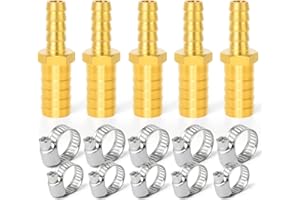 ERGAOBOY 5 Pezzi 10mm x 16mm Ottone Riduttore Portagomma Connettore, Raccordo Tubo Dritto a 2 Vie con 10 Pezzi Morsetti