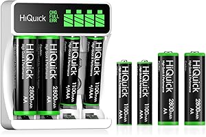 HiQuick 4-slot AA AAA LCD Battery Charger, Fast Charging Function, Type C and Micro USB Input, with 4 x 2800mAh AA and 4 x 1100mAh AAA NI-MH Rechargeable Batteries, Battery and Charger Set