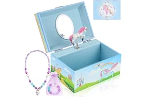hombrima Music Jewellery Box with Necklace Bracelet, Musical Jewelry Storage Case with Spinning Unicorn Gift Set for Kids Girls Children Daughter (Blue-BLPN2301)