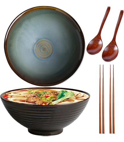 Japanische Ramenschüssel Keramik-Set – 1,2 Liter, 20,3 Cm, Mit Essstäbchen & Löffel, Mikrowellen- & Spülmaschinenfest (gräuliches Grün)
