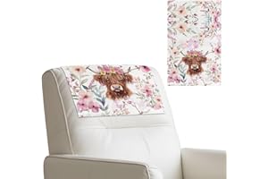 Wanyint Recliner Headrest Protector PU Leather Furniture Slipcover Easy to Clean Anti-Slip Head Rest Covers with Adhesive Backed Hook and Loop Straps, 17x27 Inch, Highland Cow Floral Pink