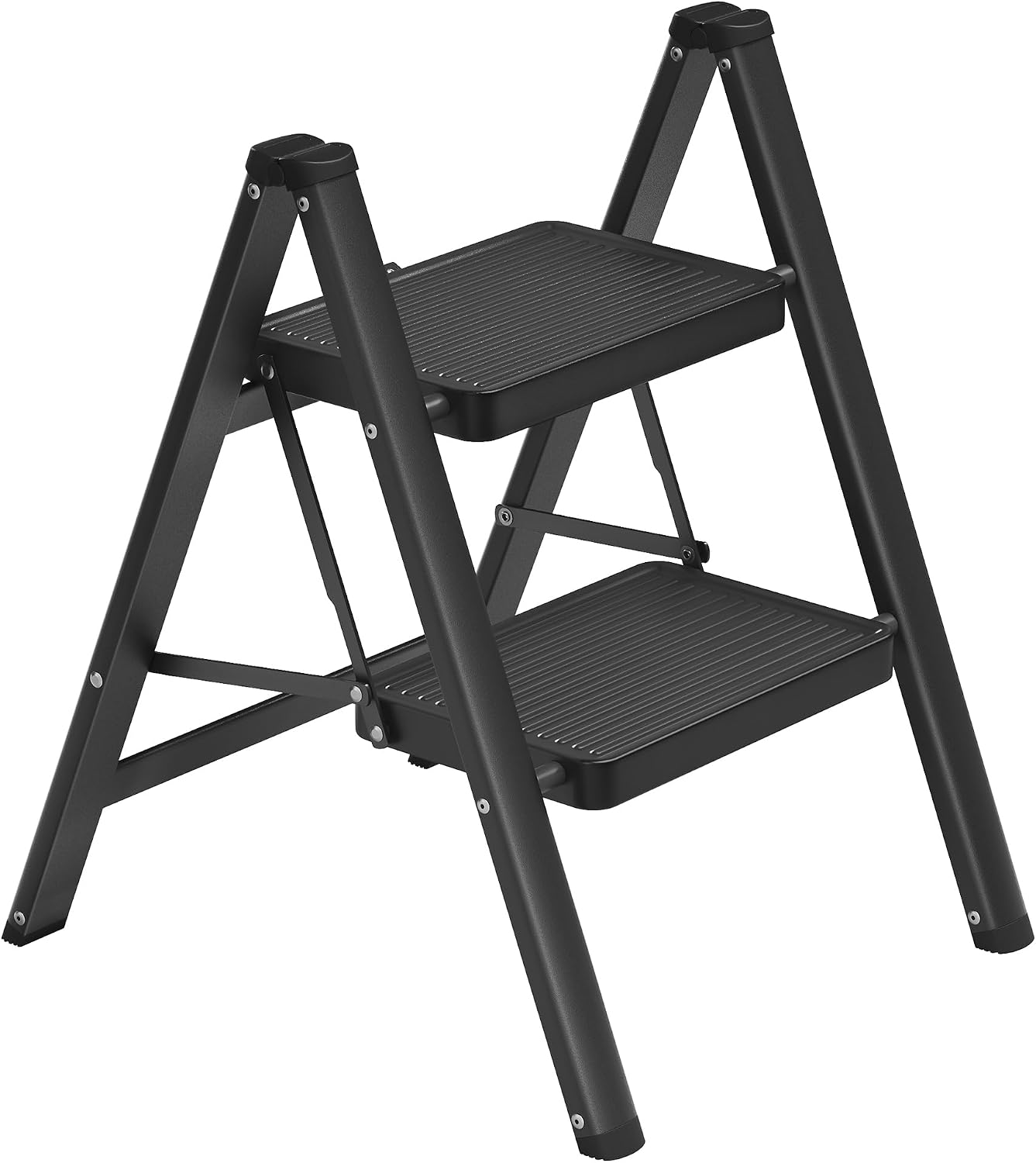 SONGMICS Escalera Plegable, Taburete Plegable de Acero, Escalera de 2 Peldaños, Carga hasta 150 kg, Fácil de Guardar, para Casa y Oficina, Negro, 55 x 43,4 x 61,8 cm GSL102BZ01