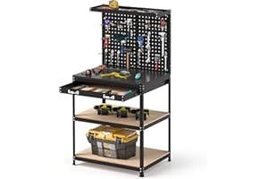 GOPLUS Banco de Trabajo Taller, Mesa de Herramientas Carga 100 kg, 810 x410 x1555 mm, con Tablero Perforado Metal, Estante Abierto, 14 Accesorios para Colgar (Negro)