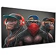 3 Wise Swag Monkeys Bright Street Art Graffiti Canvas Banksy Cool Abstract Style Poster Art Print Canvas Framed And Ready To Hang (20x12 Inch)