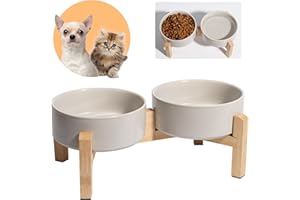 PTOBER Comedero y Bebedero Elevado para Perro - Cuencos Dobles de cerámica con Soporte de bambú - Set de Platos para Comida y Agua - Ideal para Gatos y Perros pequeños - 2 x 480 ml